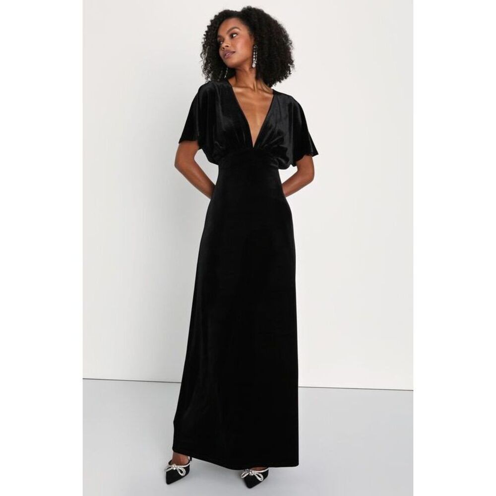 Lulus Mystical Charm Black Velvet Flutter Sleeve Maxi Dress - Size S